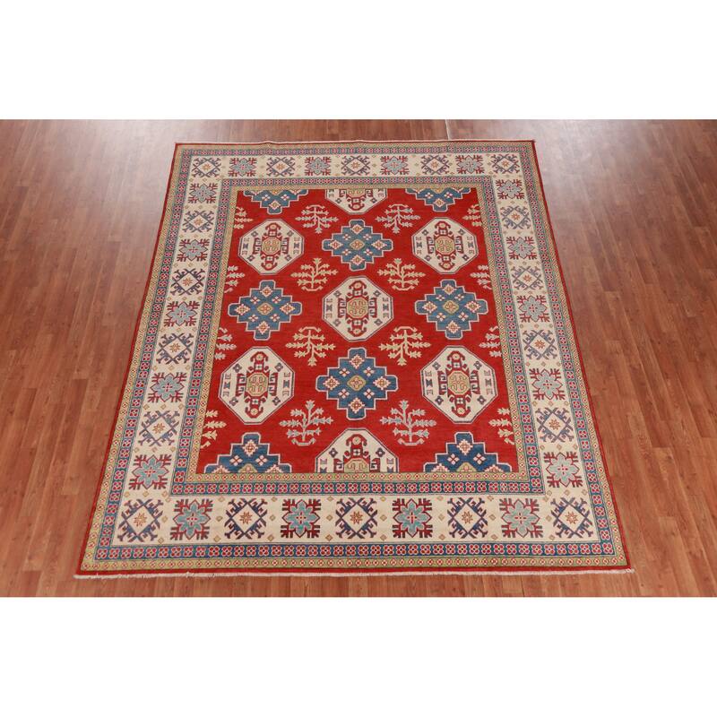 Hand Knotted Oriental 100% Wool Carpet Traditional Geometric Red Kazak Area Rug - 9' 8'' X 7' 11''