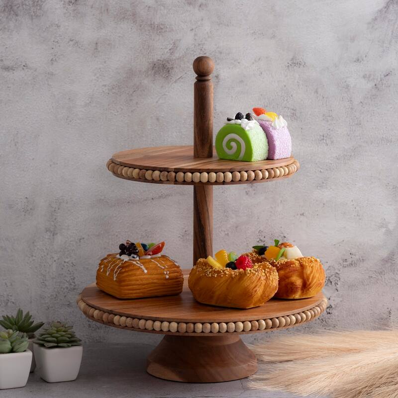 Acacia Wood Beaded 2 Tier Cake Plate