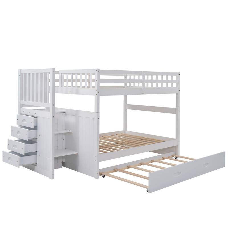 Full Over Full Size Bunk Stairway Bed with Twin Size Trundle and Storage Drawers, Solid Wood Detachable Bunkbed Bedframe