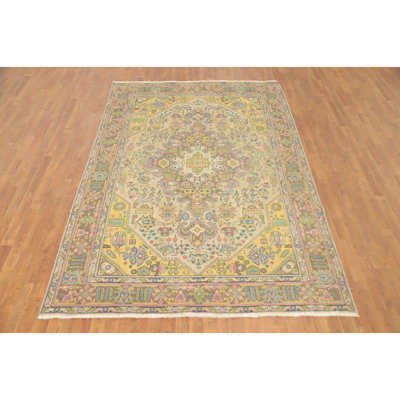 Hand Knotted Oriental 100% Wool Carpet Traditional Floral Beige & Ivories Tabriz Area Rug - 9' 5'' X 6' 5''