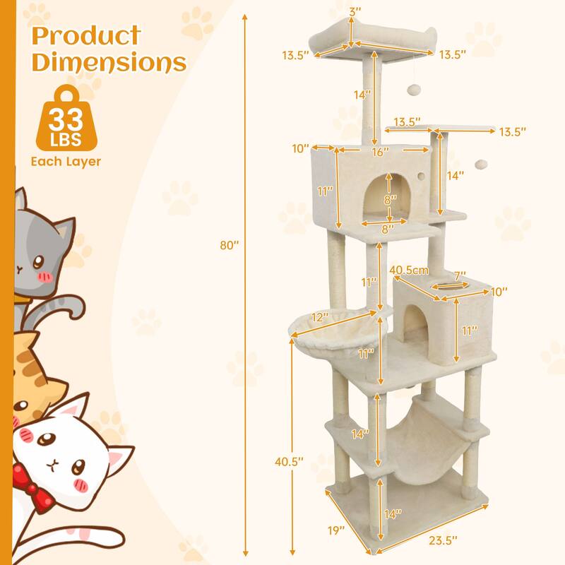Gymax 80'' Tall Cat Tree w/2 Condos Sisal Scratching Posts Plush Perch