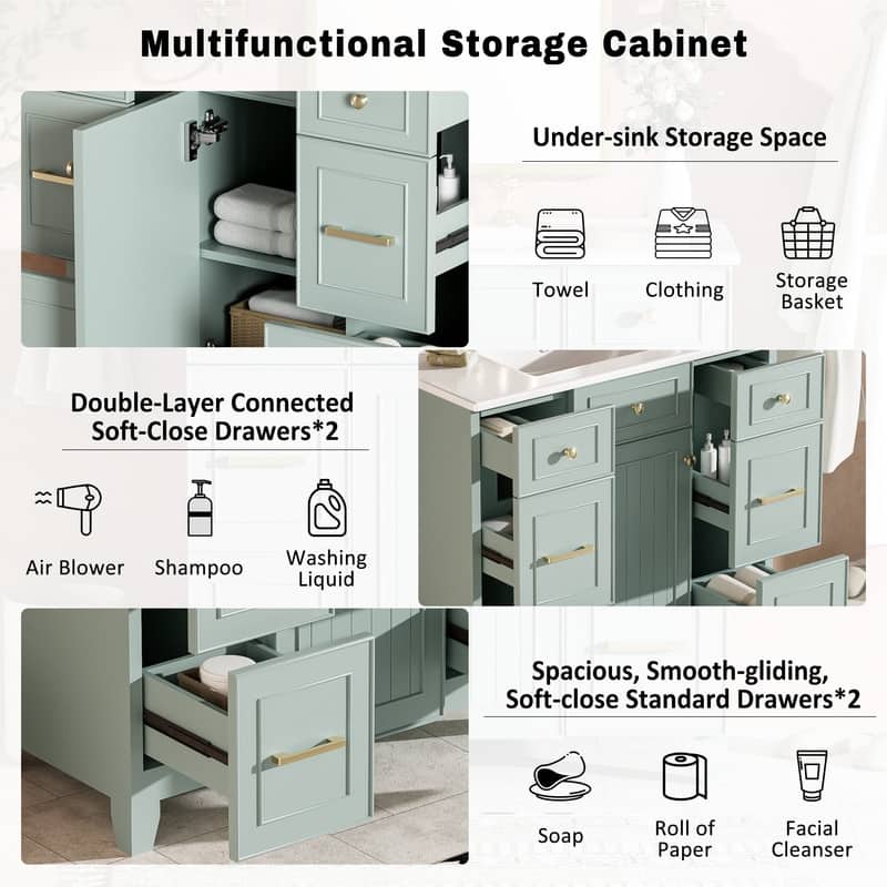 36" Green Bathroom Vanity with Ceramic Sink, Soft-Close Doors, Two Double-Layer & Two Standard Drawers, Adjustable Shelf‌
