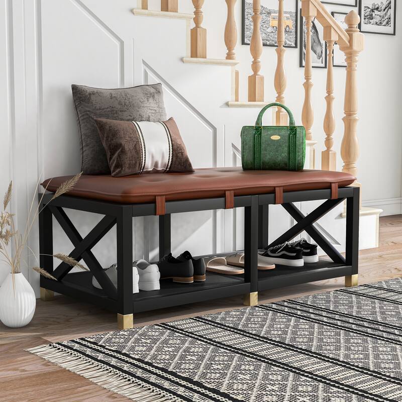 Transitional Wood Storage Bench with Removable Faux Leather Cushions by Furniture of America - Brown