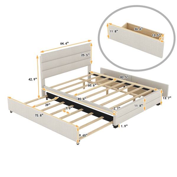 Queen Size Upholstered Platform Bed with Twin Size Trundle Storage Bed Frame and 2 Drawers for Kids Teens Adults, Beige