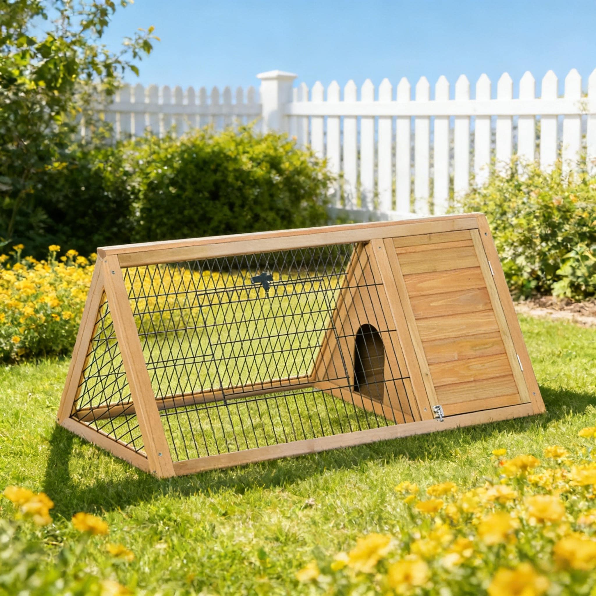 A-Frame Wooden Pet House,Small Animal Cage Rabbit Hutch is designed for convenient cleaning - Yellow