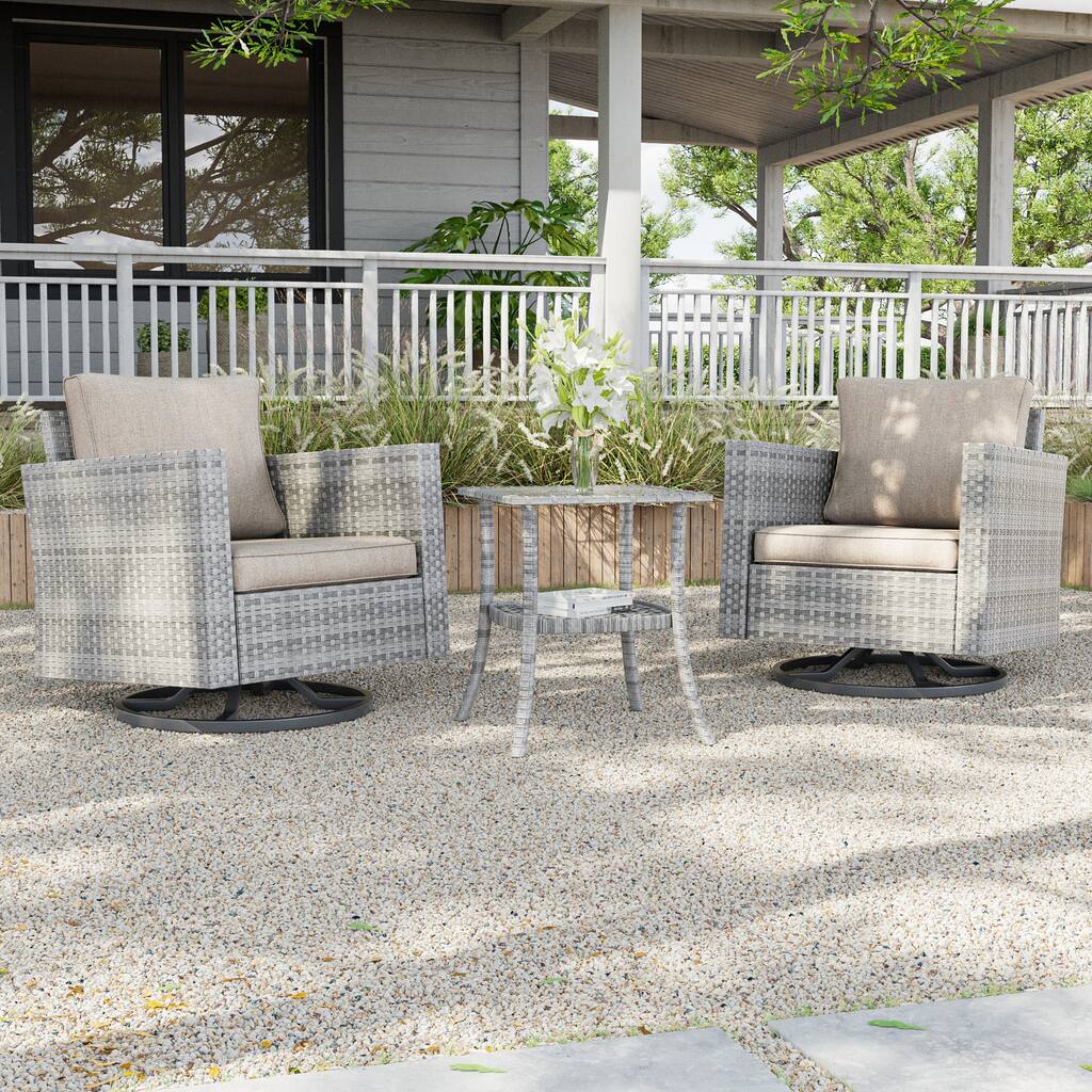 LIVOOSUN 3-Piece Patio Sofa Set Outdoor Rattan Swivel Rocking Chair Glass Table