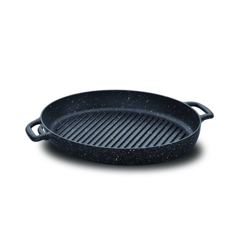 Korkmaz 14-Inch Gusto Volcanic Coating Aluminum Oval Griddle / Grill Frypan - Fireproof, Ovenproof, and Scratch Resistance - 14 in. - Black