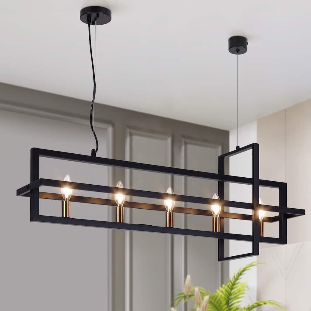 Modern 5-Light Linear Chandelier Candle Kitchen Island Lights - Black&Brass - 36.7"Wx7"Dx14.7"H