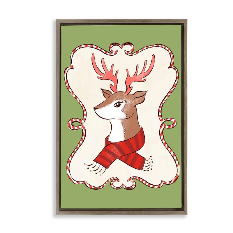 Stupell Festive Winter Deer in Scarf Framed Floater Canvas Wall Art Design By Hannah Moren - 21 x 31 - Brown