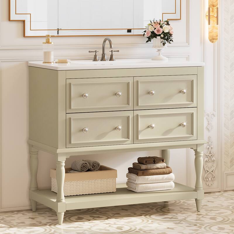 35.4" Beige Single Bathroom Vanity with Ceramic Basin and 4 Drawers
