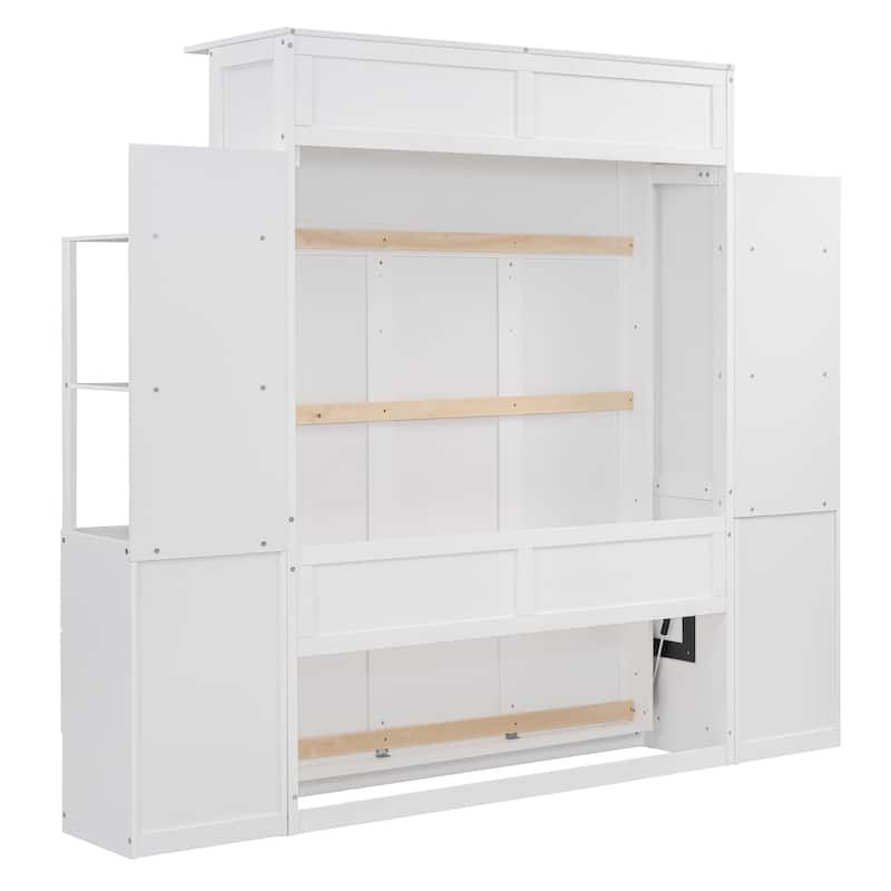 Full Size Murphy Bed Wall Bed with Shelves, Drawers and LED Lights, White