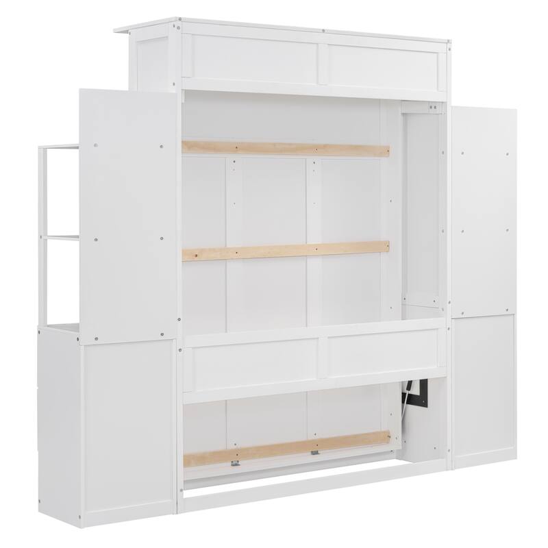 Space-Saving White Murphy Bed with Shelves, Drawers & LED Lights for Multi-Functional Rooms