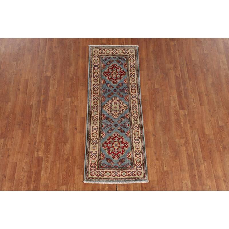 Light Blue Kazak Oriental Runner Rug Hallway Hand-Knotted Wool Carpet - 2'1" x 5'9"