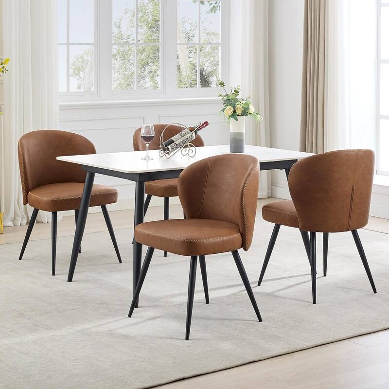 Set of 2 Ergonomic Dining Chairs - Leather Upholstered with Steel Legs