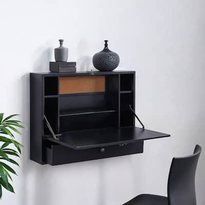 HomeRoots 26" Black Wood Wall Mounted Folding Floating Desk