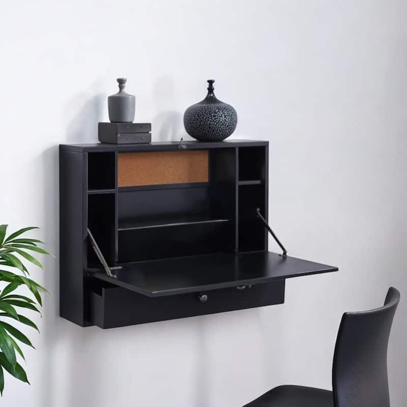 Wood Floating Foldable Desk with Shelves, Drawer and Cork Board Wall Mounted