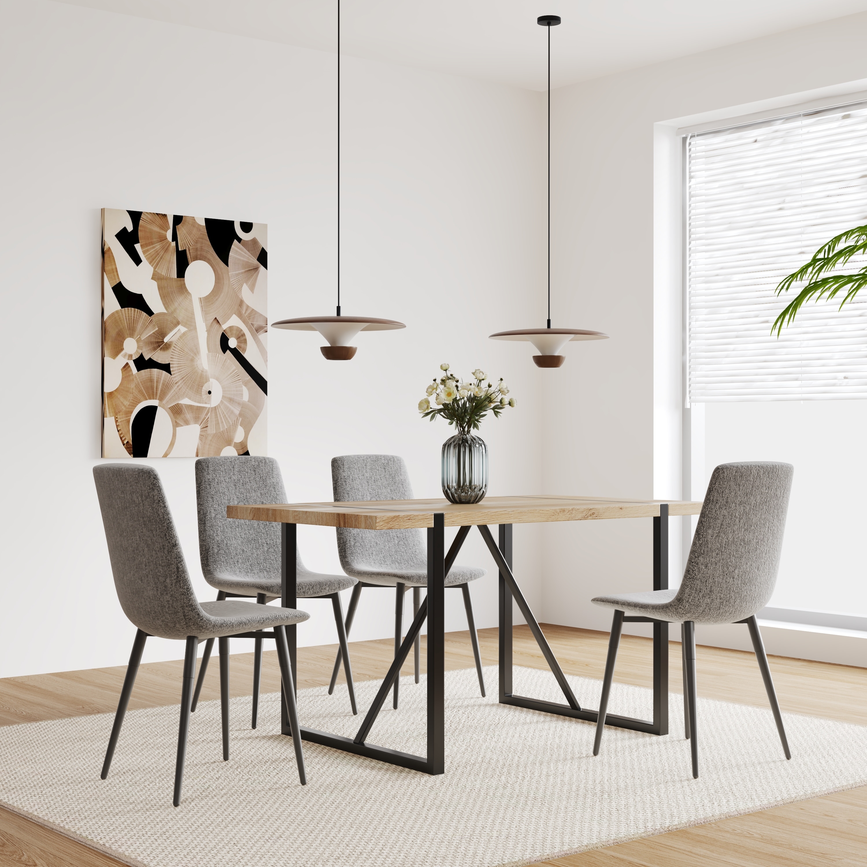 Dining Room Table and Linen Chairs, Simple Kitchen Table with Metal Frame, Side Chairs with Metal Legs