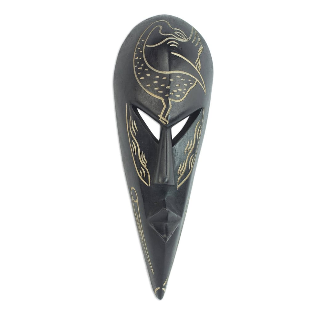 Handmade Sese Wood 'Sankofa Bird' Ghanaian Mask (Ghana) - Black