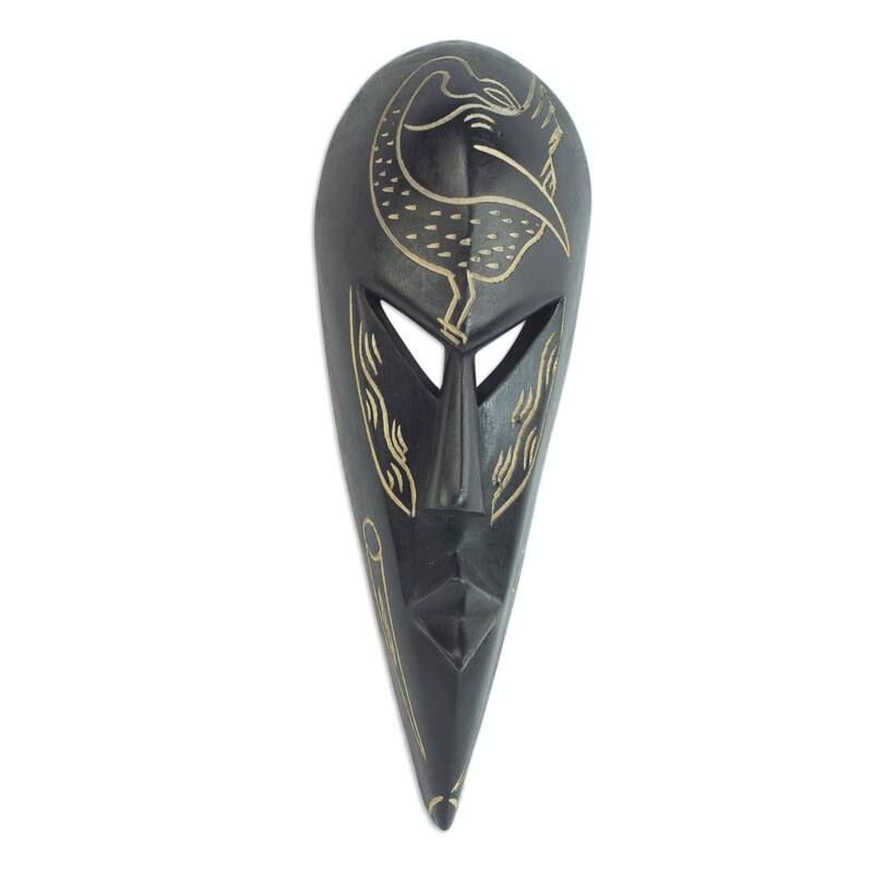 Handmade Sese Wood 'Sankofa Bird' Ghanaian Mask (Ghana) - Black