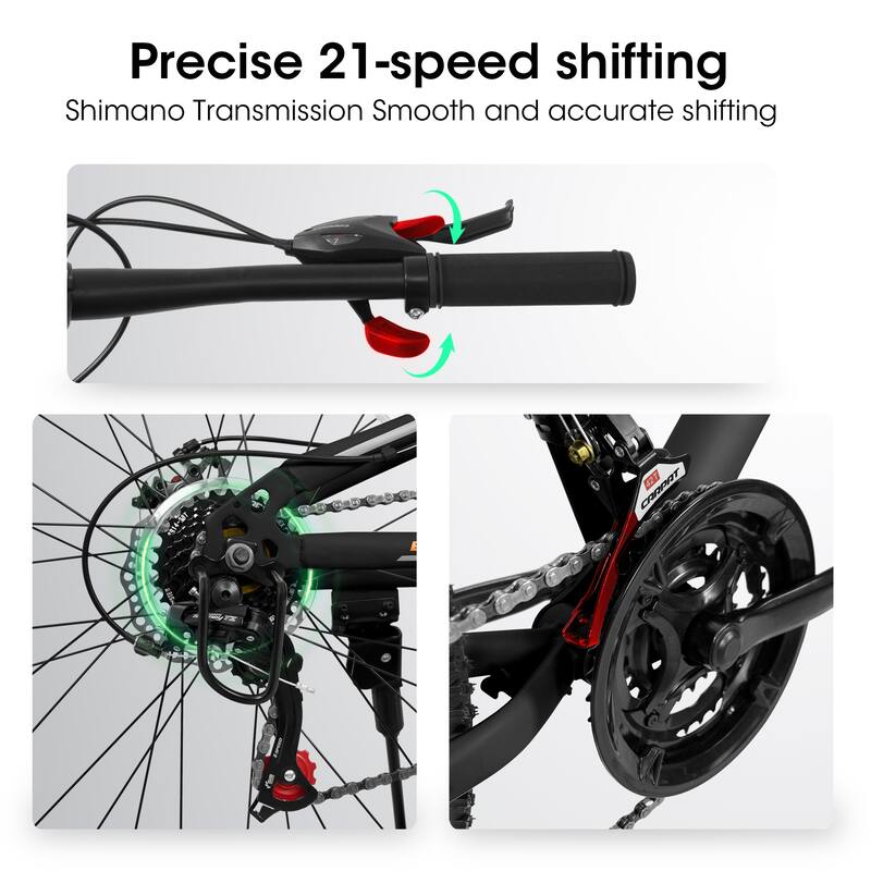 26 Inch Mountain Bike with 21 Speed Drivetrain, Dual Disc Brakes, Shock Absorbing Fork, for Trail, Urban Riding