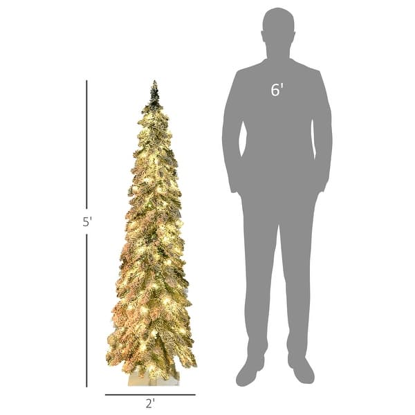 HOMCOM 5ft Tall Prelit Pencil Artificial Christmas Tree Holiday Décor with 334 Snow Flocked Branches, Downswept Shape - 5.91 ft