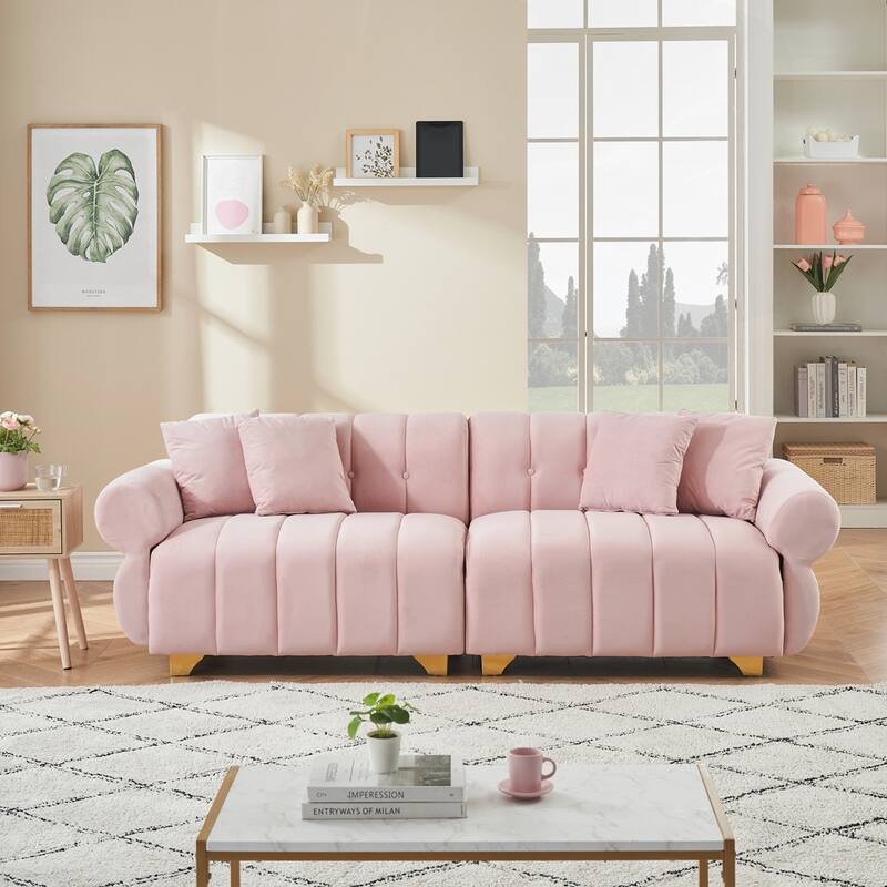 spring-wrapped Sofa cushions with stylish metal feet and 4 throw pillows