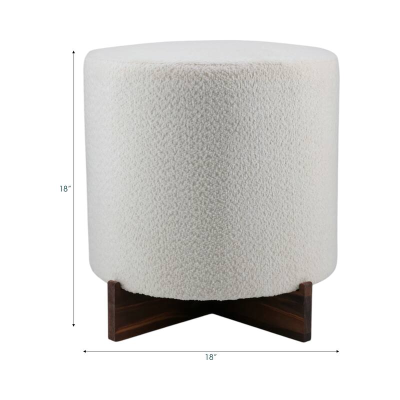 Velvet Round Ottoman Sherpa Finish and X-Base Wood Frame - 18" Ivory
