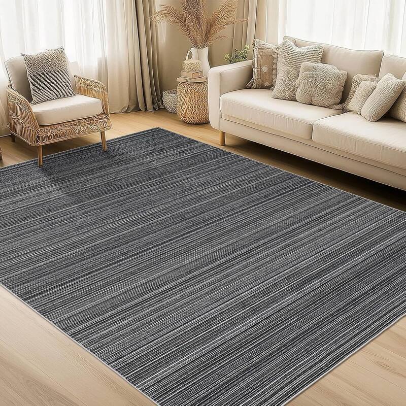 Modern Stripe Machine Washable Area Rug for Bedroom, Living Room, Black - 1'6" x 2'6" - Black 5' x 7'