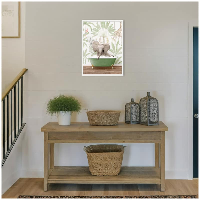 Kate and Laurel Sylvie Baby Elephant 3 in Wild Safari Bathtub Framed Canvas by Amy Peterson