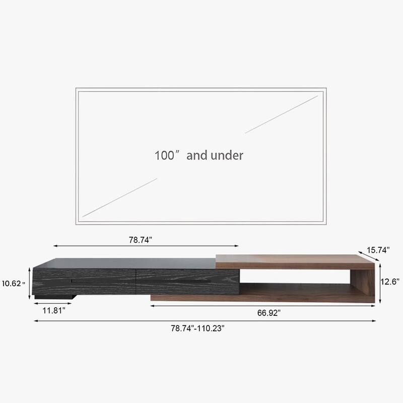 Modern Extendable TV Stand, Solid Wood Media Console for Up to 100 Inch TV with 3 Drawers, Fully-Assembled, Walnut Veneer