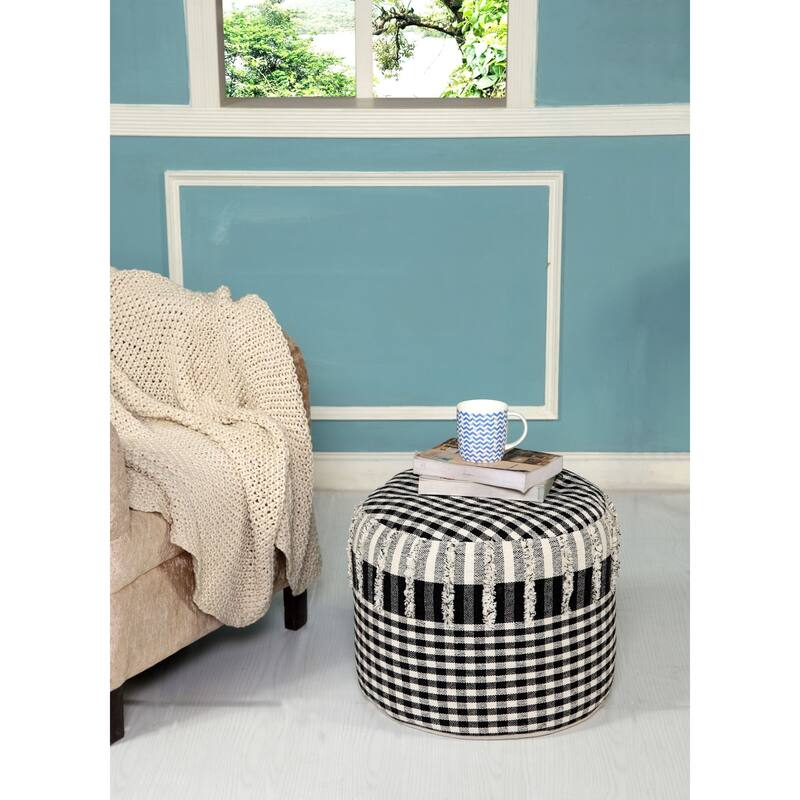 18" White and Black Checkered Hand Loomed Round Pouf Ottoman
