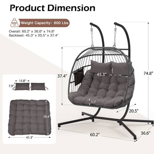 dimension image slide 2 of 6, EROMMY Hanging Egg Chair with Stand, Foldable Indoor/Outdoor Swing Chair includes Cushion and Pillow, Patio Wicker Swing