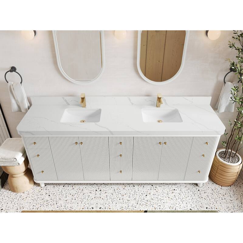 Willow Collections 84 in. W x 22 in. D Reeded Miami Double Bowl Sink Bathroom Vanity with Countertop - 2”Calacatta Laza - Antique White