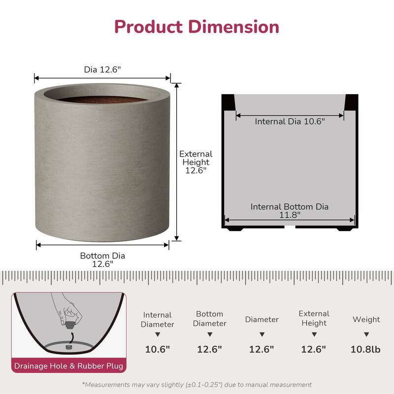 Concrete Tall Round Pot Cylindrical Flower Planter with Drainage Hole