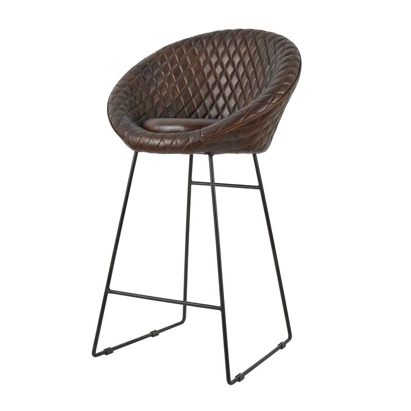 Brown Leather Round Diamond Tufted Bar Stool with High Back and Black Metal Legs (Set of 2)