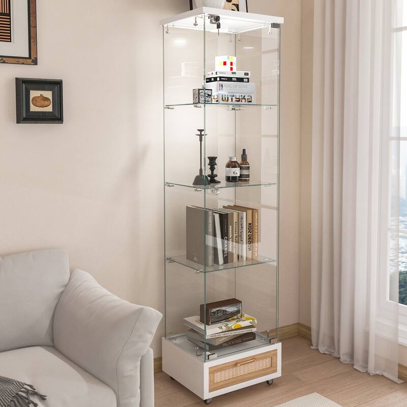 Modern Glass Display Cabinet with Drawer and LED lights for Living Room and Bedroom