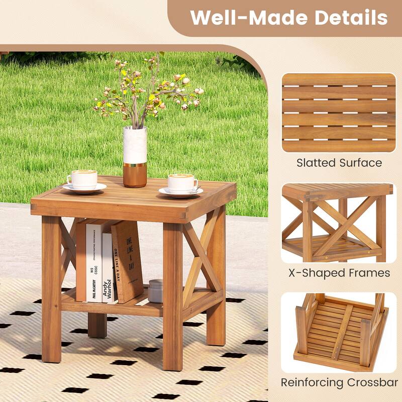 Gymax Outdoor Side Table Acacia Wood Adirondack Table w/ Storage Shelf