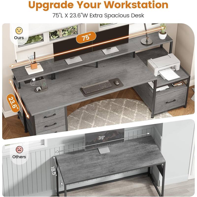 Home Computer Desk File Drawer & Power Outlet 5 Drawer Monitor Shelf