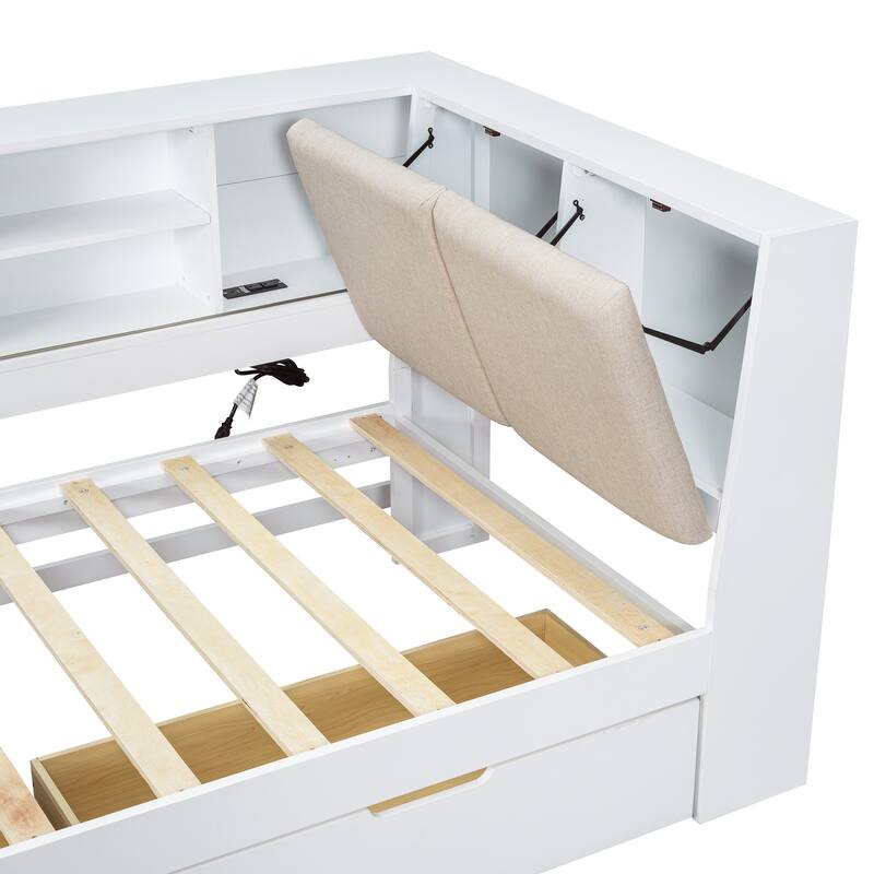 L-shaped Daybed Wooden Corner Sofa Bed Frame with Sliding Doors Bookcase Captains Bed, Upholstered Headboard Built-in Storage