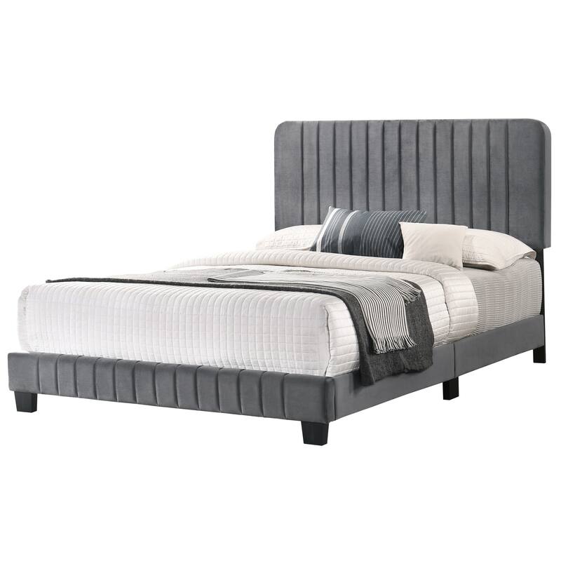 Sleek Contemporary Full Bed in Gray with Channel Tufted Velvet Upholstery