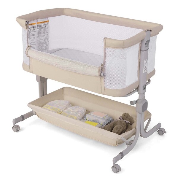 Bedside Crib w/ Adjustable Height Bassinet w/ Storage Shelf