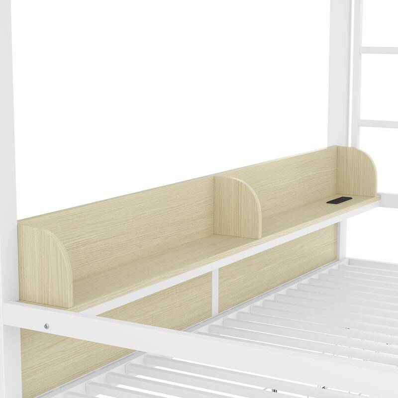 Multifunctional Queen over Queen Bunk Bed with USB Ports, LED Lights, Storage Shelves and Drawers, Lower Bed Converted into Sofa