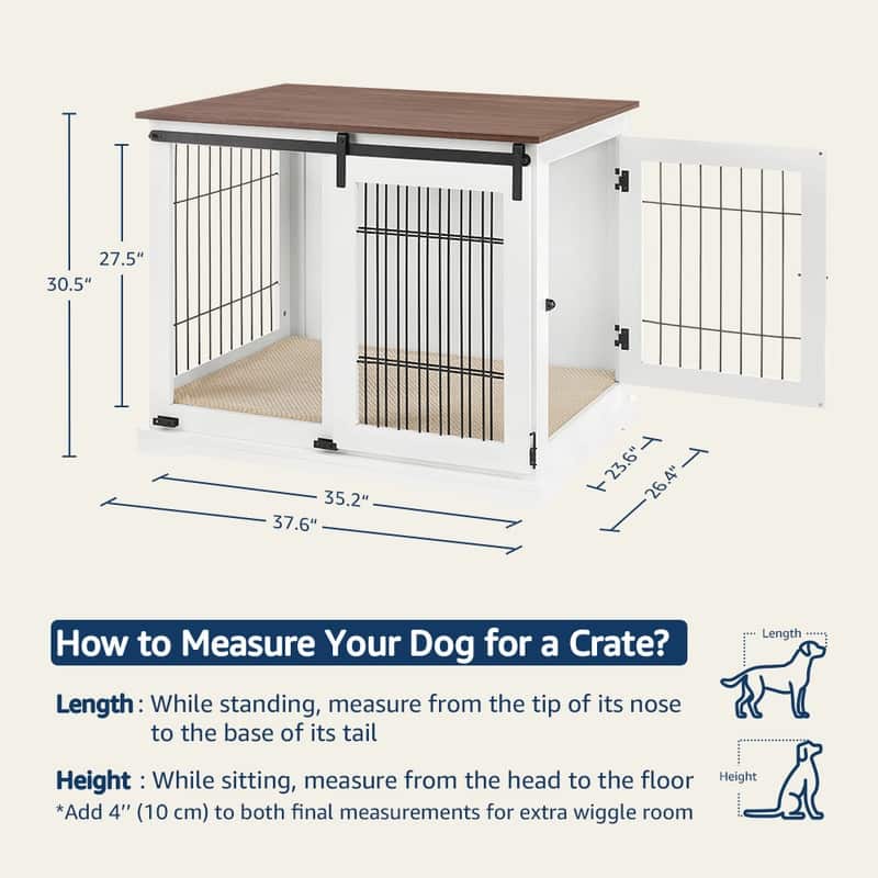 beeNbkks Dog Crate Furniture with Sliding Barn Door - Large 30.5''H x 37.6''W x 26.4''D - White + Walnut
