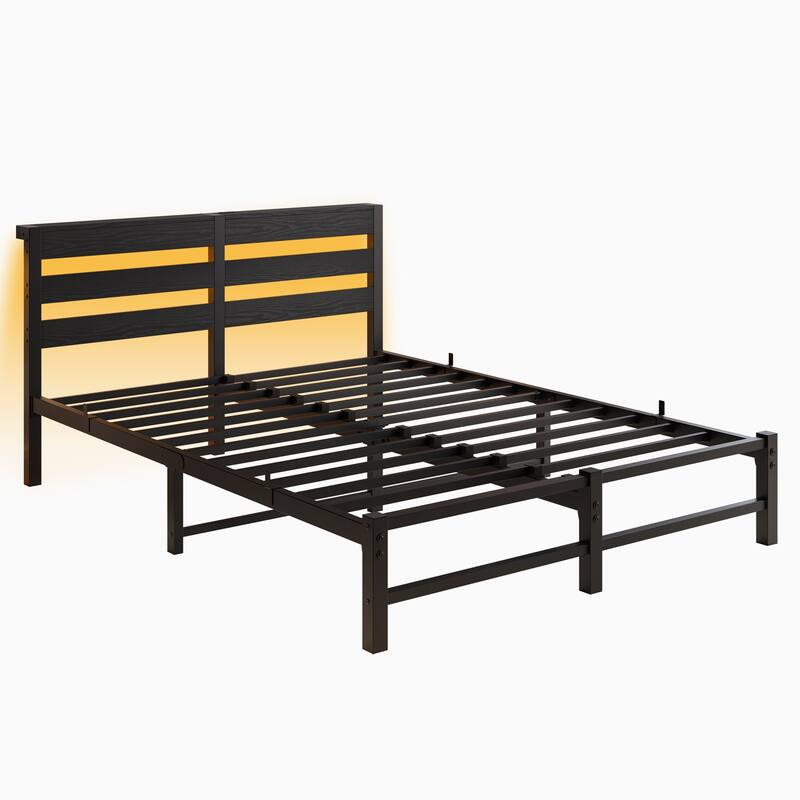 Modern Metal Bed with Wooden Headboard, RGB Lights & Storage Shelf