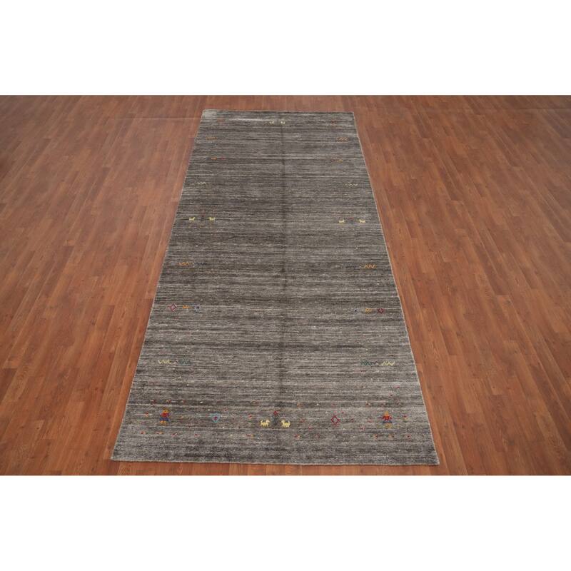 Hand Knotted Oriental Viscose Silk Carpet Tribal Animal Pictorial Greys & Charcoal Gabbeh Area Rug - 11' 8'' X 4' 11''