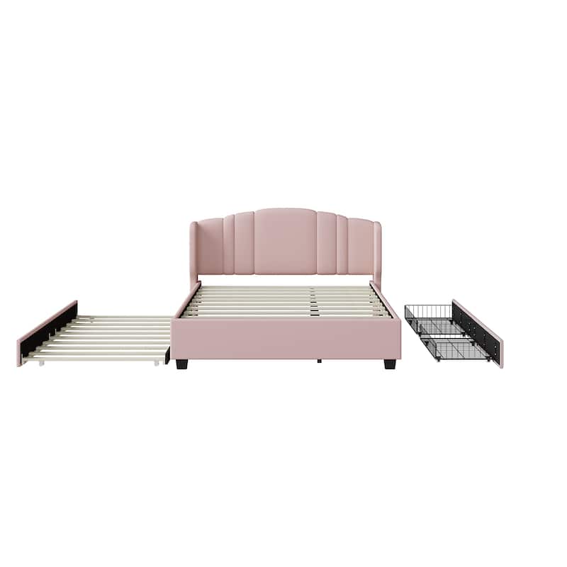 Contemporary Linen Upholstered Platform Bed, Queen Size, Includes Trundle Bed and Drawers, Wingback Headboard