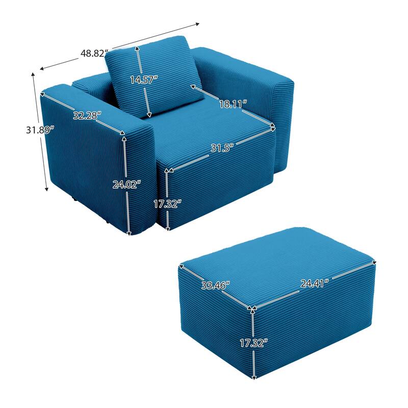 Corduroy Sectional Modular Sofa with Square Arms & Ottoman Extension for Flexible Arrangements