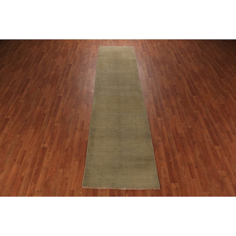Green Gabbeh Oriental Runner Rug Hand-Knotted Hallway Wool Carpet - 2'8" x 10'9"