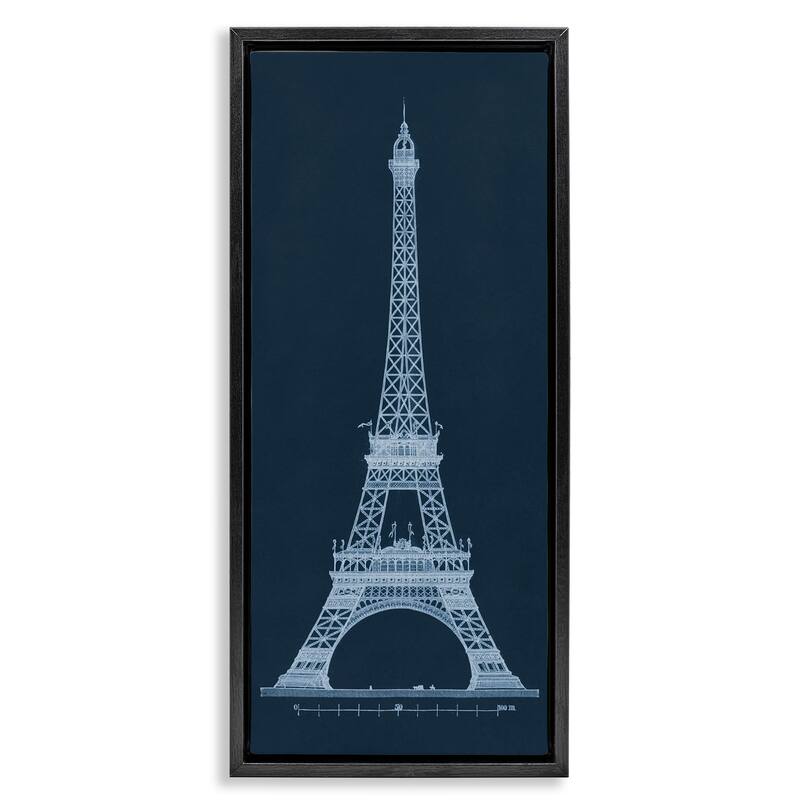 Stupell White Parisian Tower on Blue Framed Floater Canvas Wall Art Design By Phillipa Katz - 15 x 31 - Black