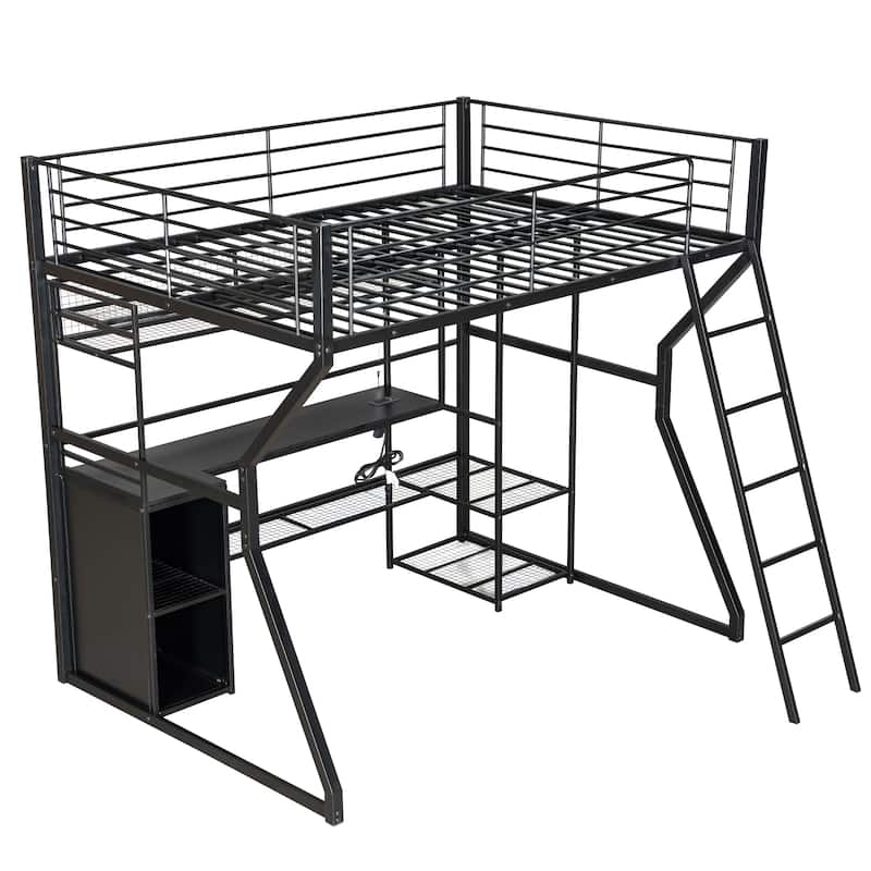Full Metal Gaming Loft Bed - Built-in Desk, Wardrobe & LED Lights, Multi-Storage